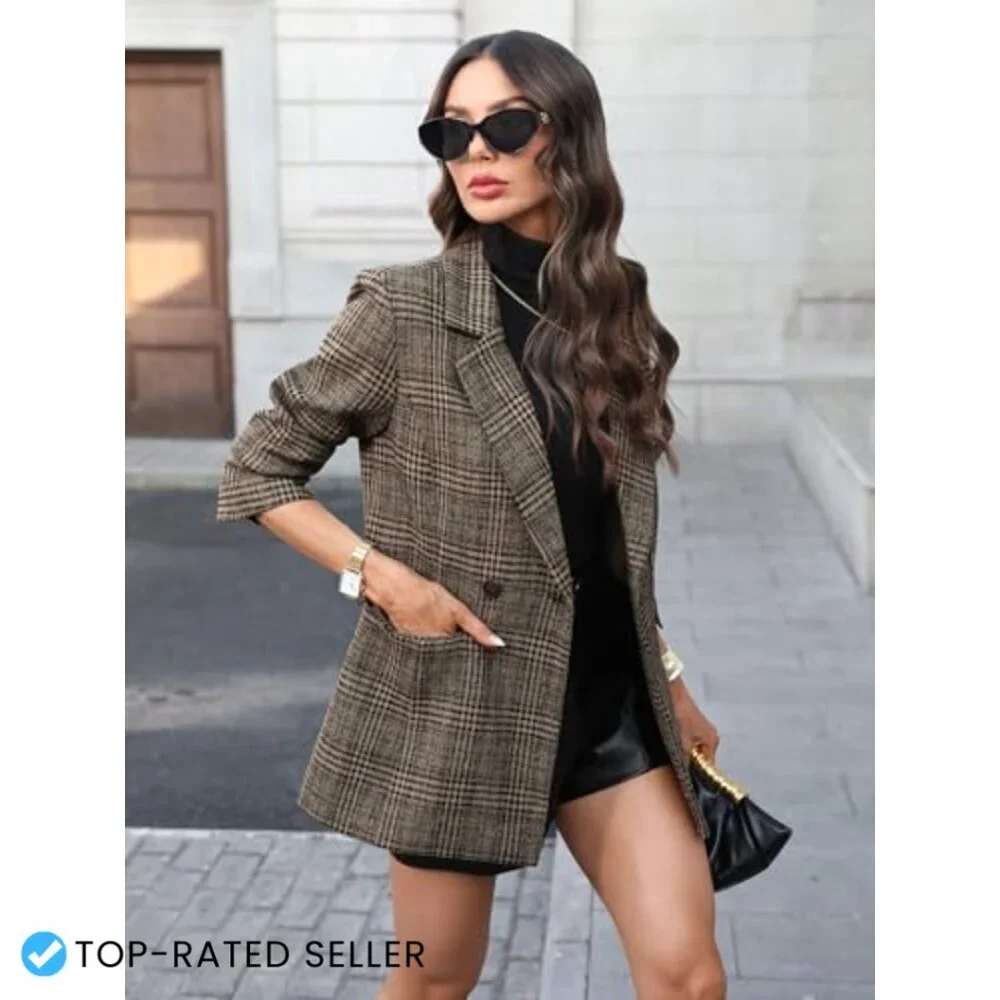 Houndstooth Plaid Tweed Blazer Double-Breasted Suit Jacket Fully Lined Pockets - Picture 2 of 7